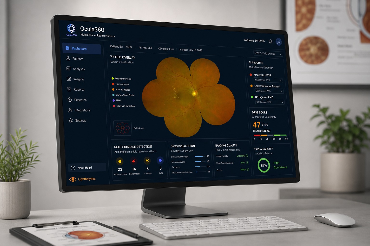 Ocula360 Multimodal AI Retinal Platform dashboard with 7-field overlay