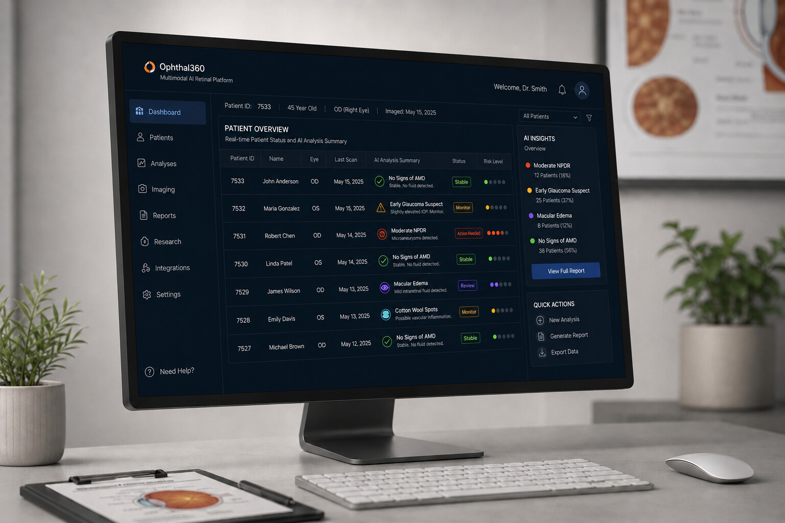 Ophthal360 autonomous screening dashboard — multi-patient retinal triage and referral overview